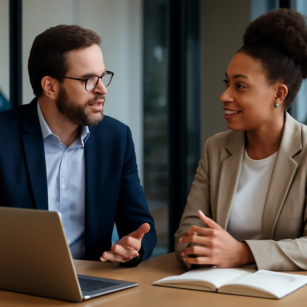 Business owner discussing Cansoft team and company story growth goals with a consultant