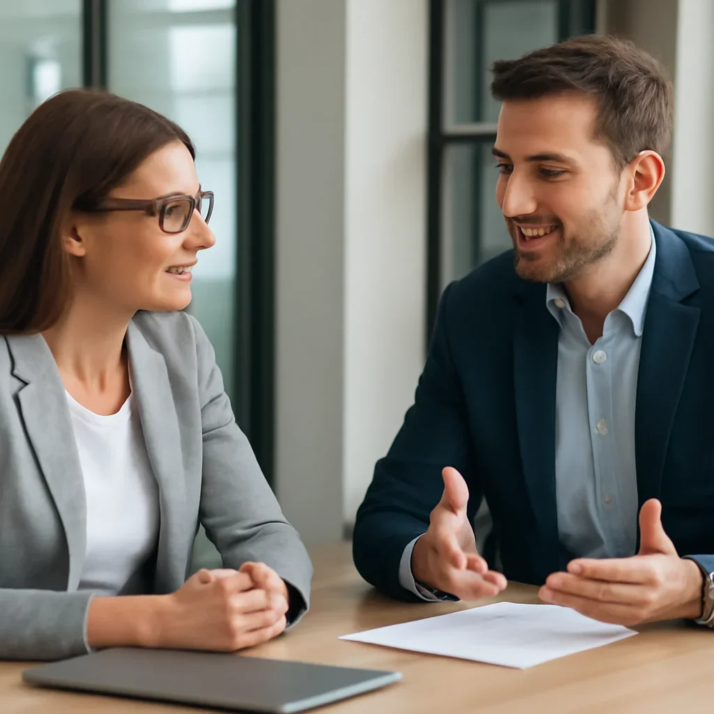 Business owner discussing Brand Identity vs Brand Strategy: What Is the Difference? growth goals with a consultant