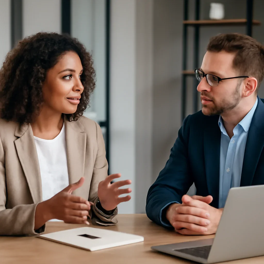 Business owner discussing Branding for Small Business: Where to Start growth goals with a consultant