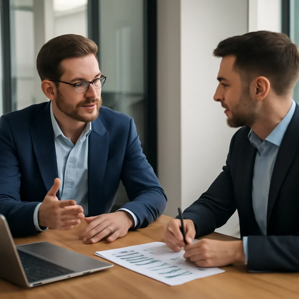 Business owner discussing Content Marketing Strategy for B2B Growth growth goals with a consultant