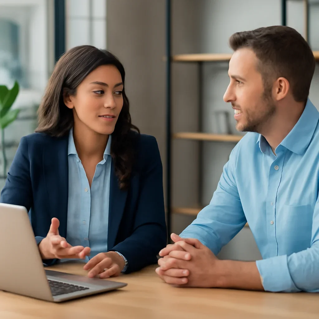 Business owner discussing SEO vs PPC: Which Channel Should You Prioritize First? growth goals with a consultant