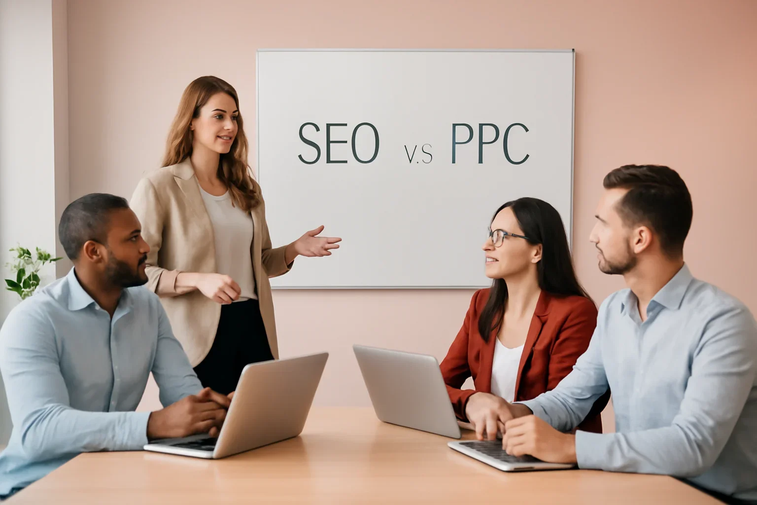 SEO vs PPC: Which Channel Should You Prioritize First? strategy meeting with a modern digital marketing team