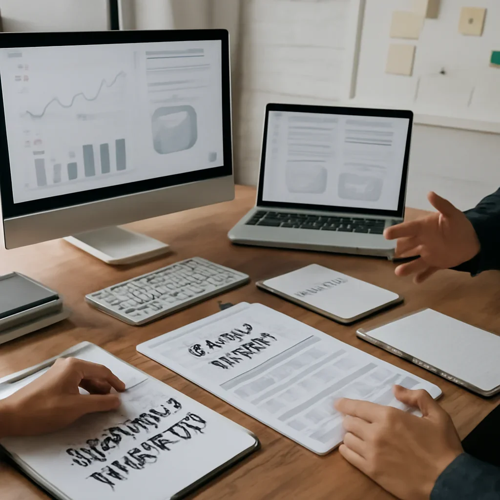 Brand Strategy vs Brand Identity planning materials and performance review workspace