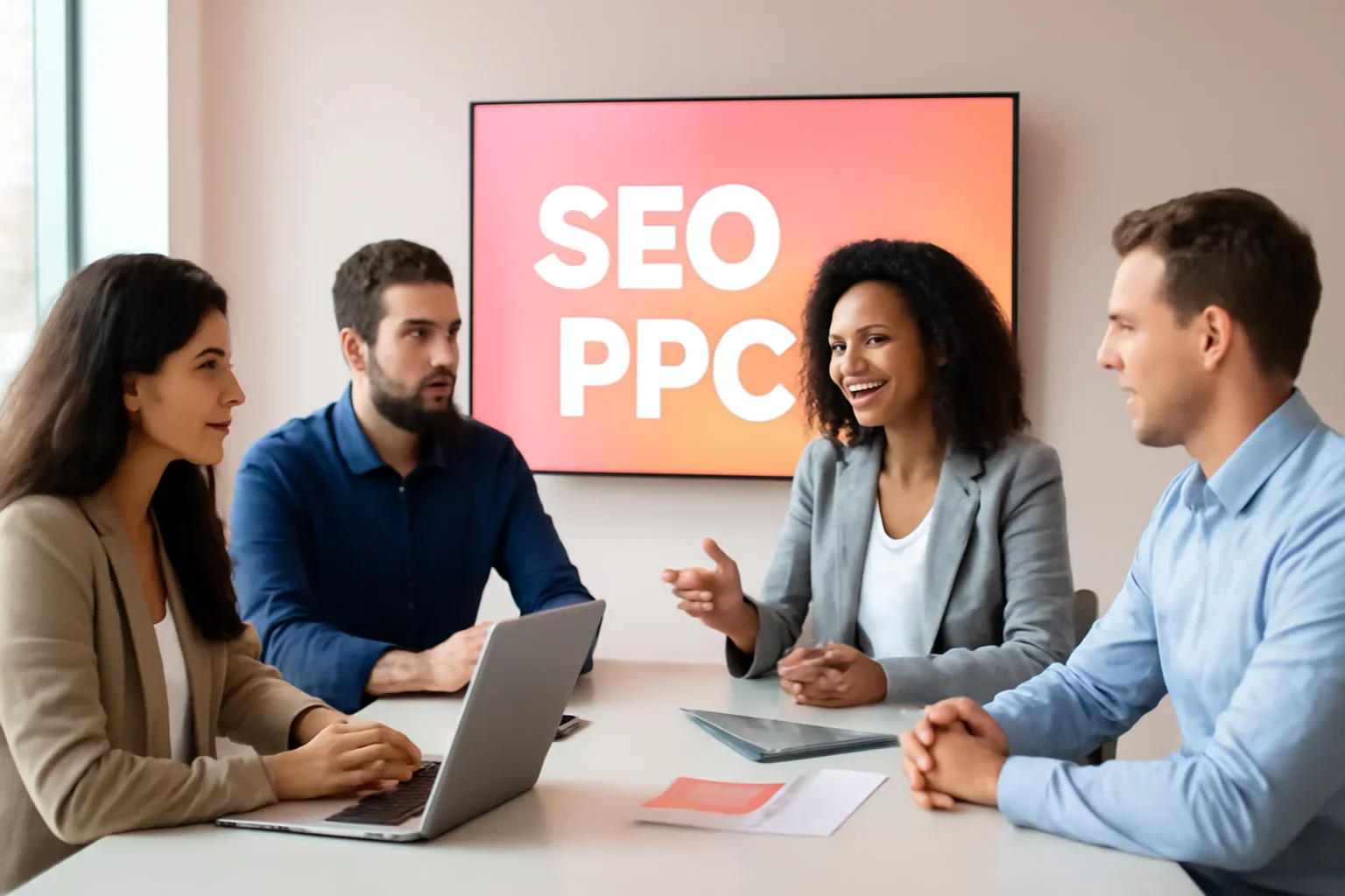 SEO vs PPC strategy meeting with a modern digital marketing team