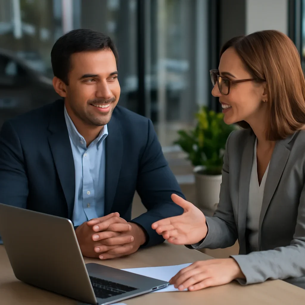 Business owner discussing Automotive Branding growth goals with a consultant