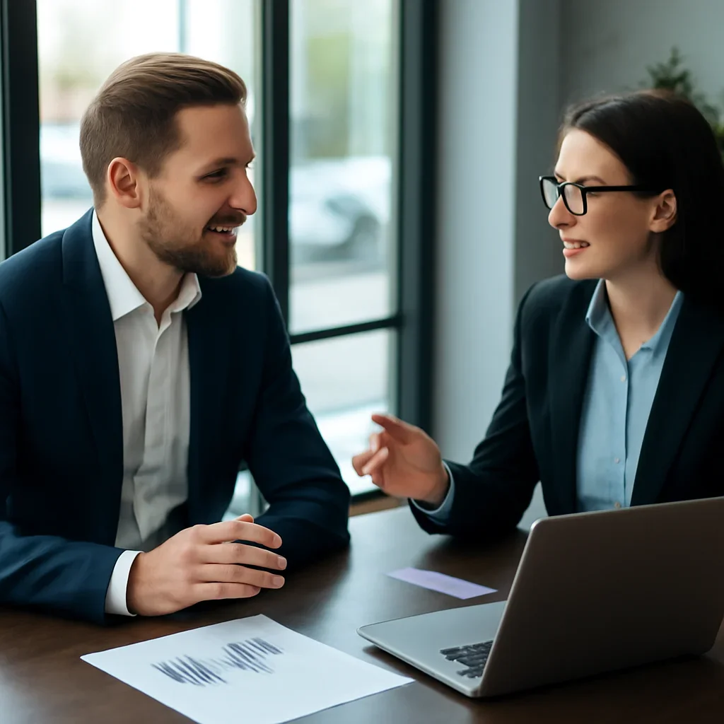 Business owner discussing Automotive SEO growth goals with a consultant