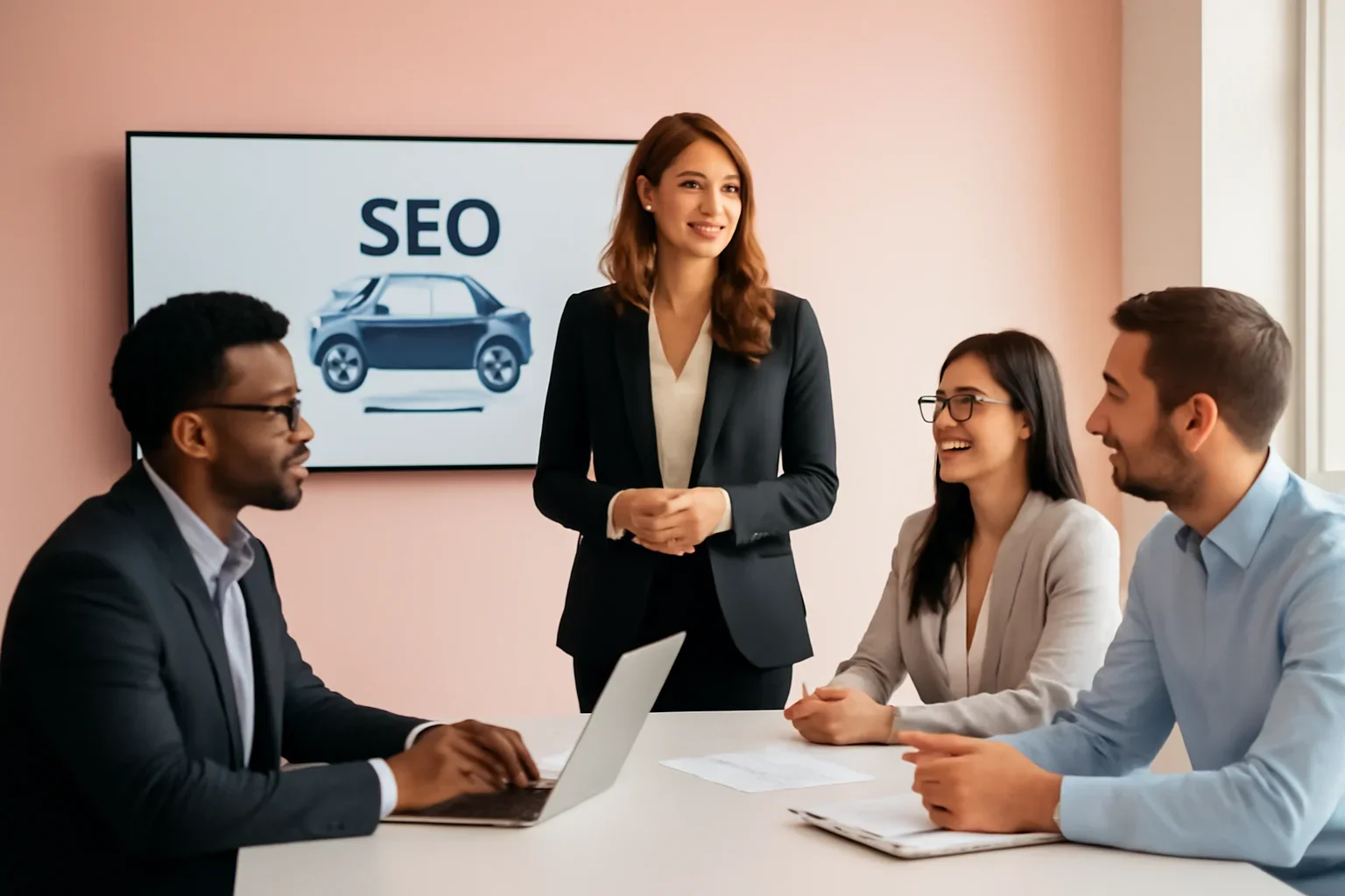 Automotive SEO strategy meeting with a modern digital marketing team
