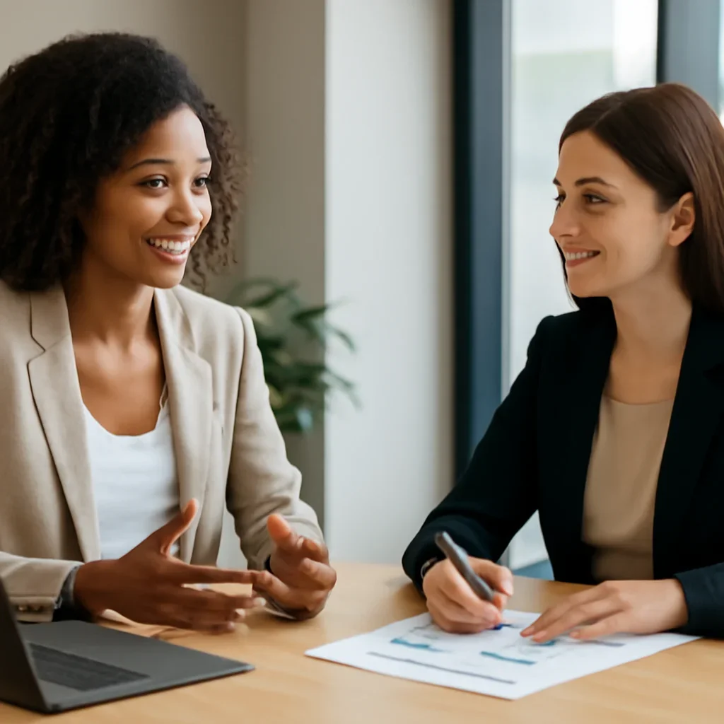 Business owner discussing Beauty & Wellness Branding growth goals with a consultant