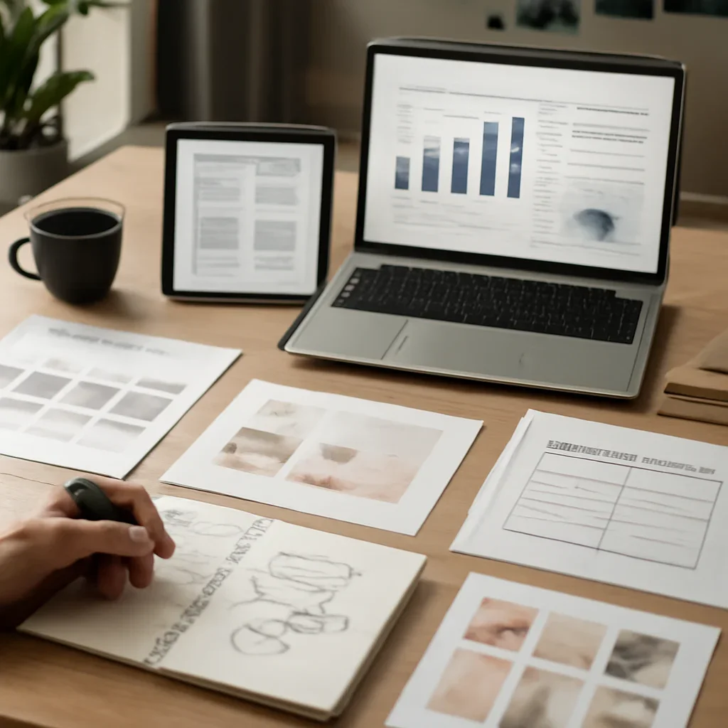 Beauty & Wellness Branding planning materials and performance review workspace