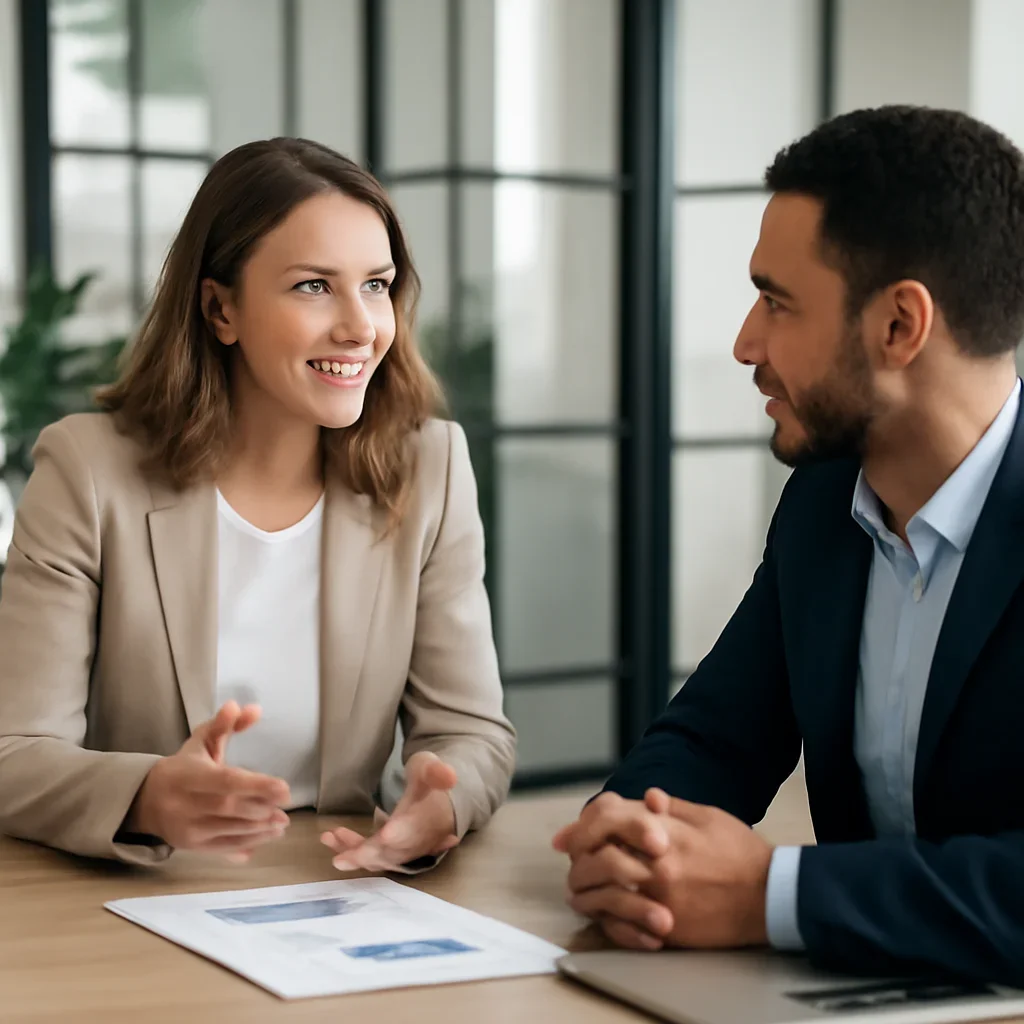 Business owner discussing Beauty & Wellness Marketing Solutions growth goals with a consultant