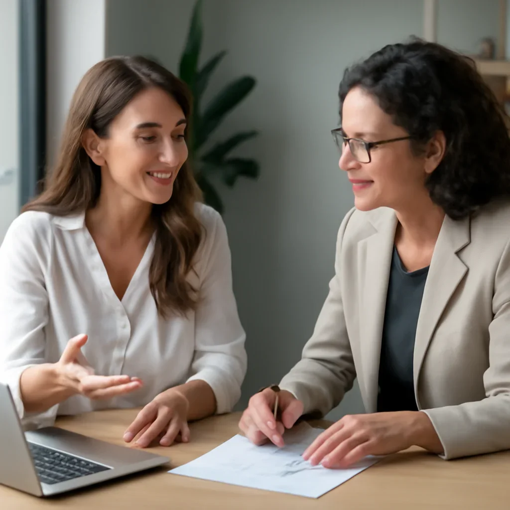 Business owner discussing Beauty & Wellness SEO growth goals with a consultant