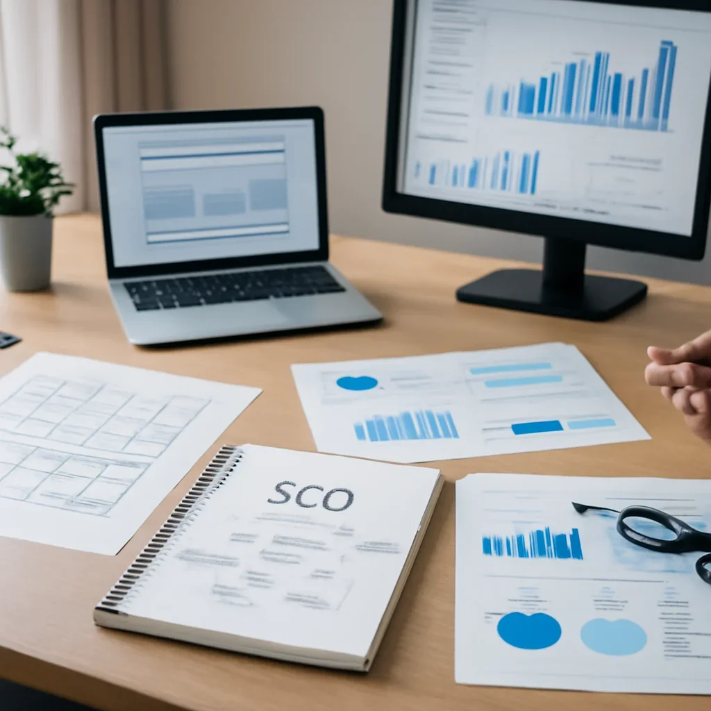 Beauty & Wellness SEO planning materials and performance review workspace