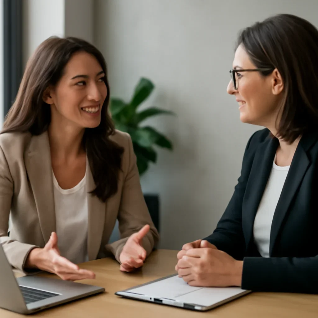 Business owner discussing Beauty & Wellness Web Design growth goals with a consultant
