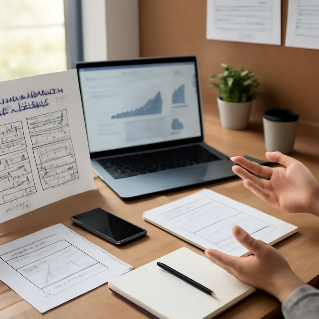 Beauty & Wellness Web Design planning materials and performance review workspace