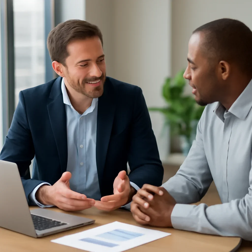Business owner discussing Dental Practices Marketing Solutions growth goals with a consultant