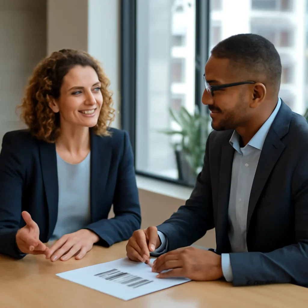 Business owner discussing Education Marketing Solutions growth goals with a consultant