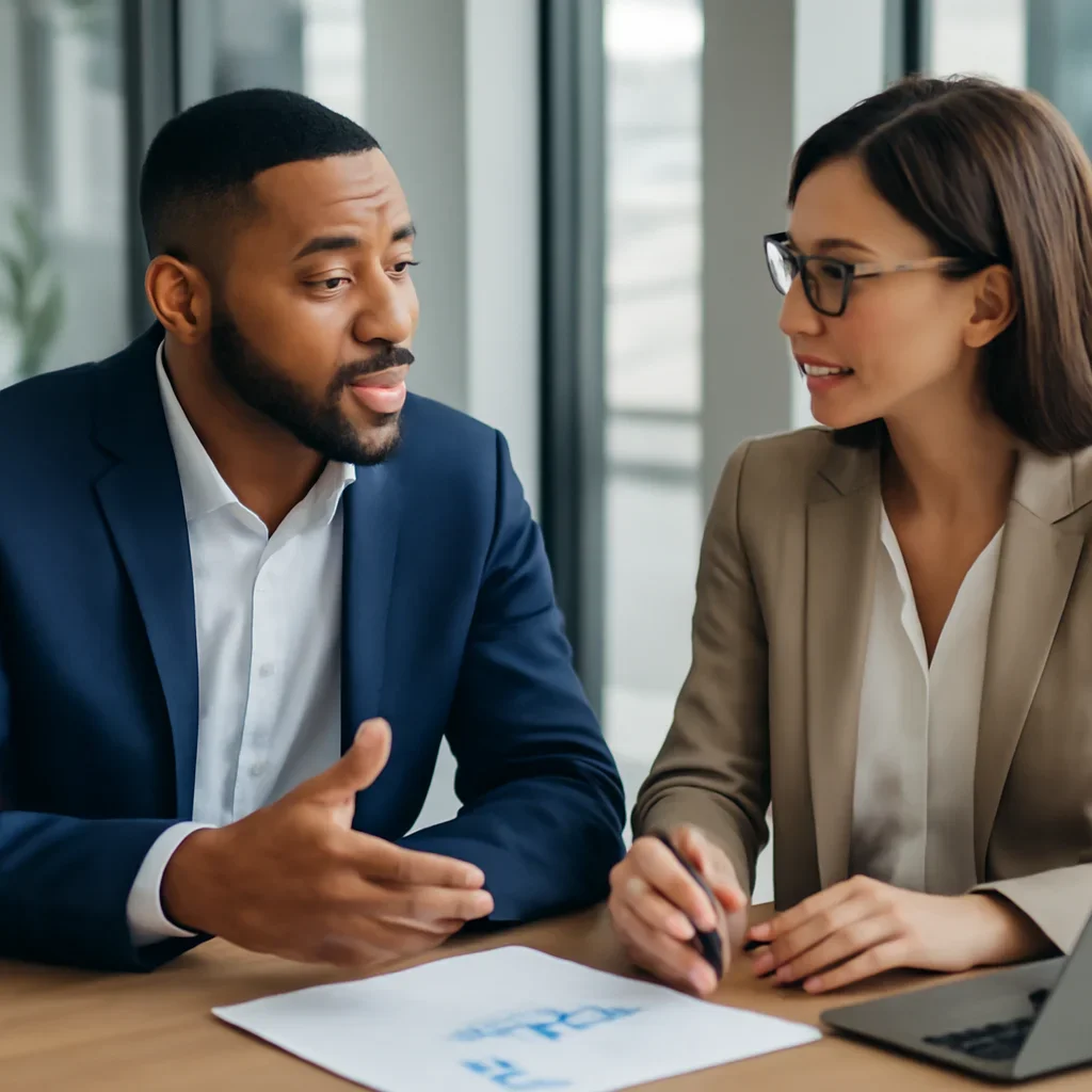 Business owner discussing Financial Services Branding growth goals with a consultant