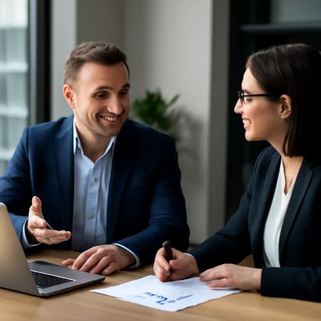 Business owner discussing Financial Services Marketing Solutions growth goals with a consultant