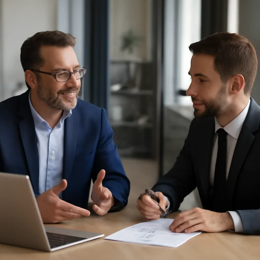 Business owner discussing Financial Services SEO growth goals with a consultant