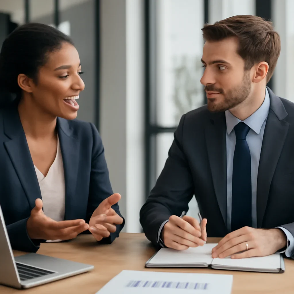 Business owner discussing Financial Services Web Design growth goals with a consultant