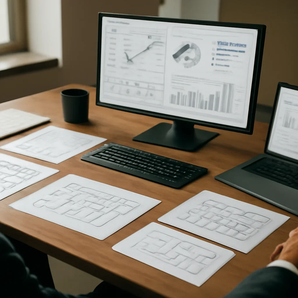 Financial Services Web Design planning materials and performance review workspace