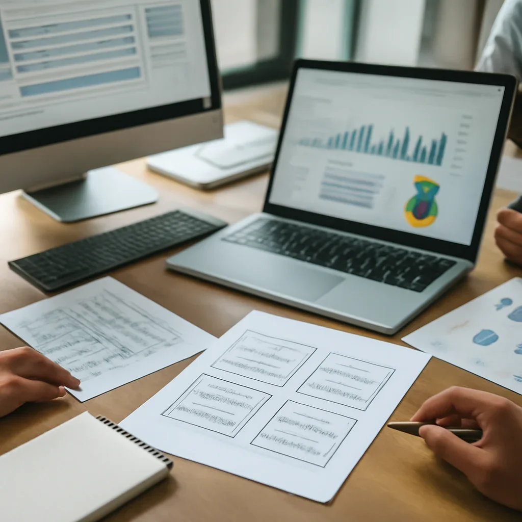 Franchises Web Design planning materials and performance review workspace