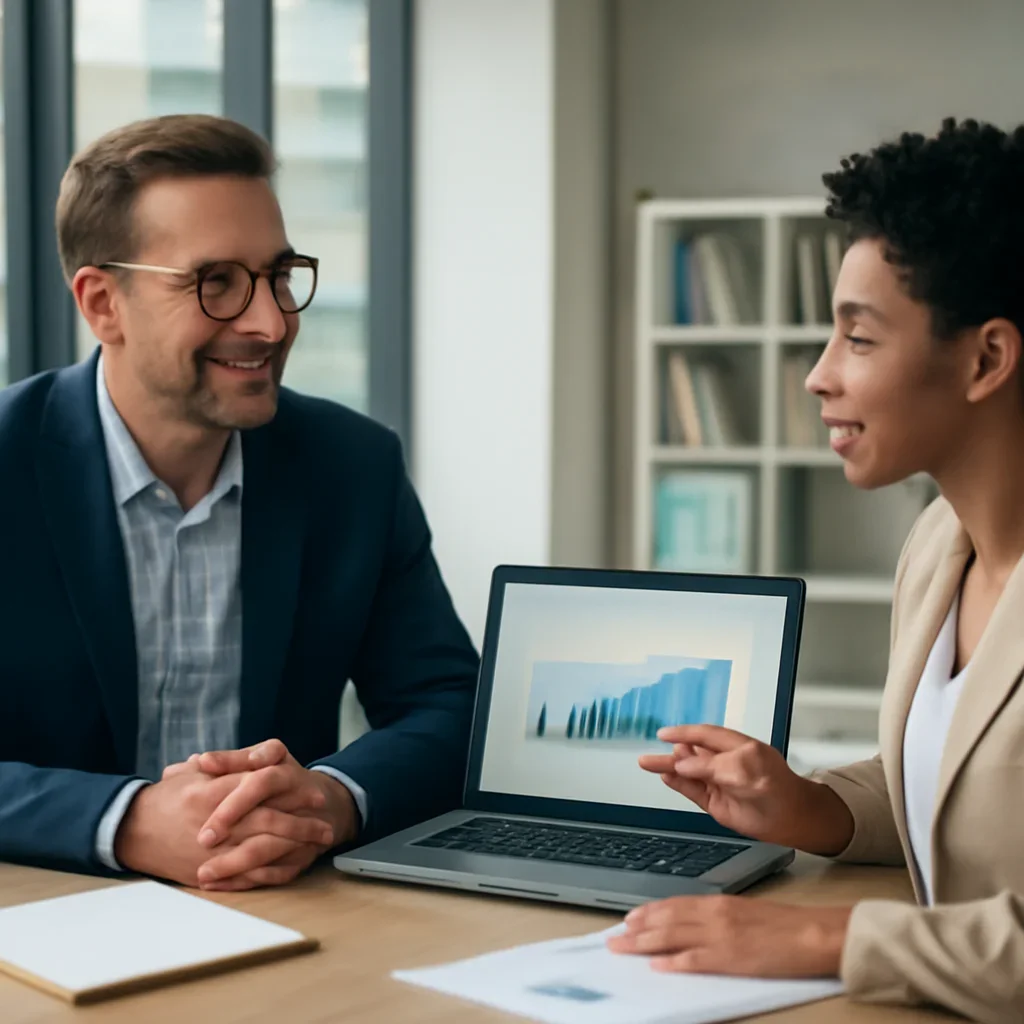 Business owner discussing Healthcare Digital Marketing growth goals with a consultant