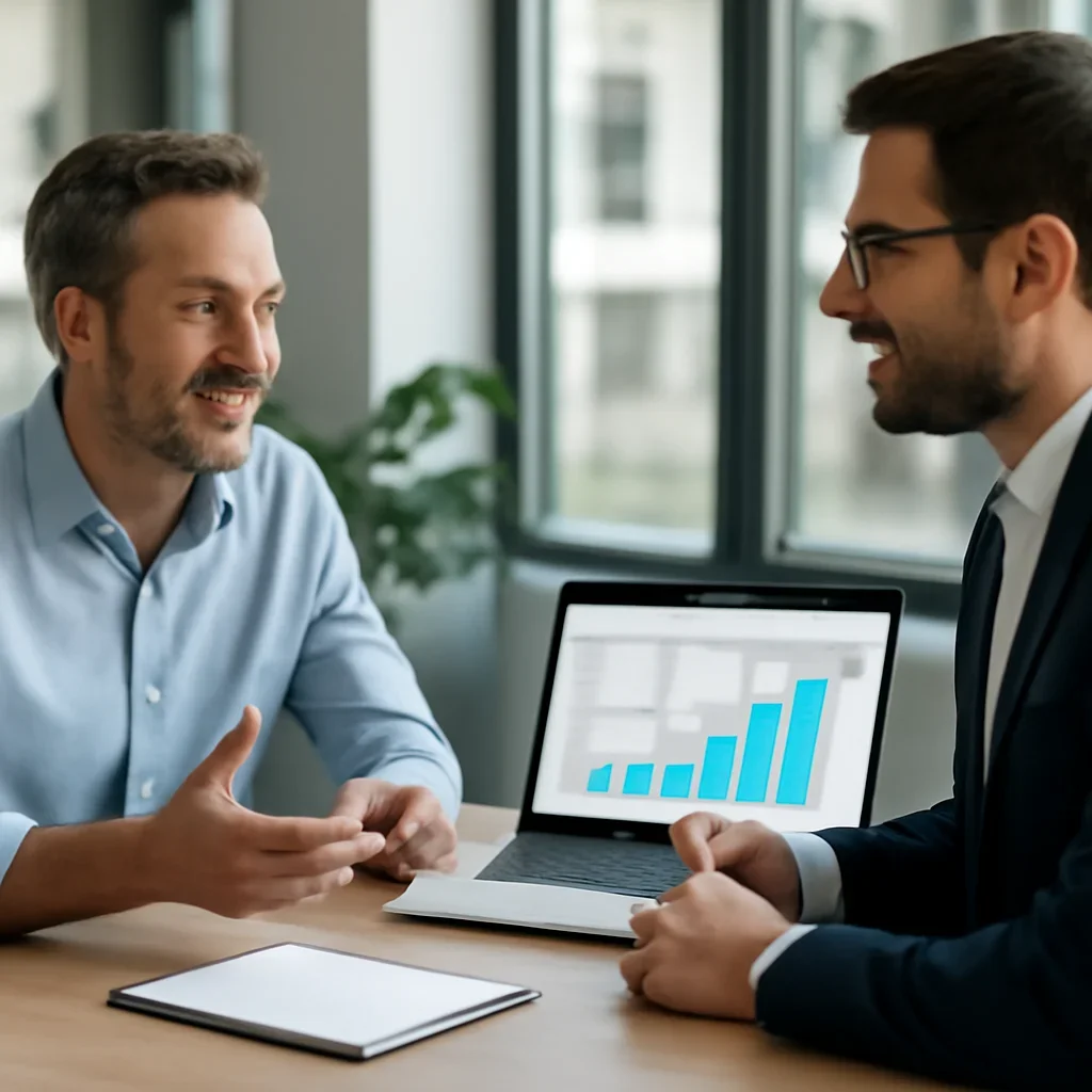 Business owner discussing Home Services SEO growth goals with a consultant