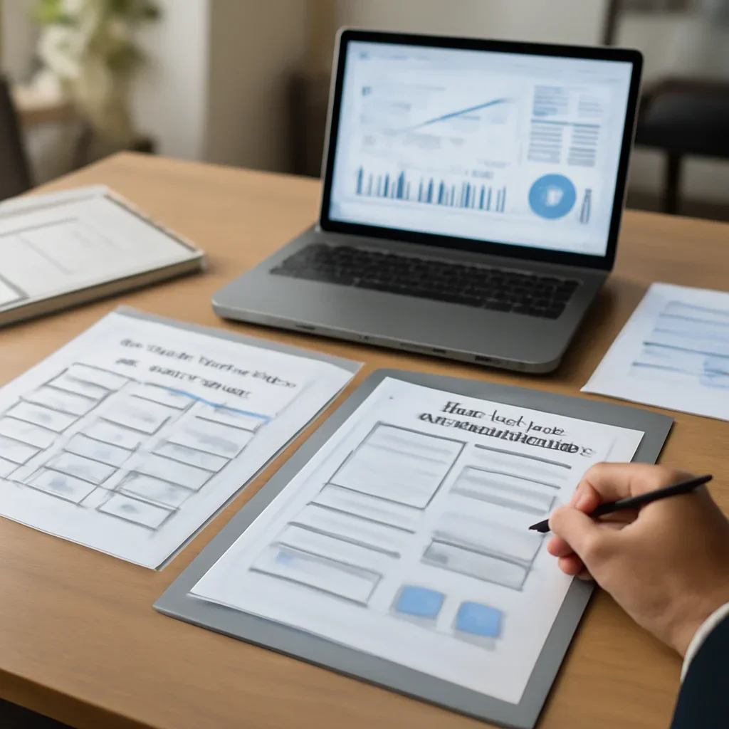 Home Services Web Design planning materials and performance review workspace