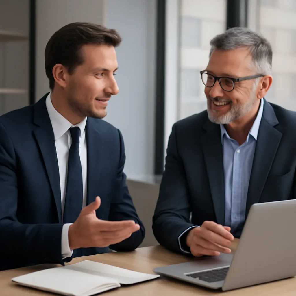 Business owner discussing Law Firms Marketing Solutions growth goals with a consultant