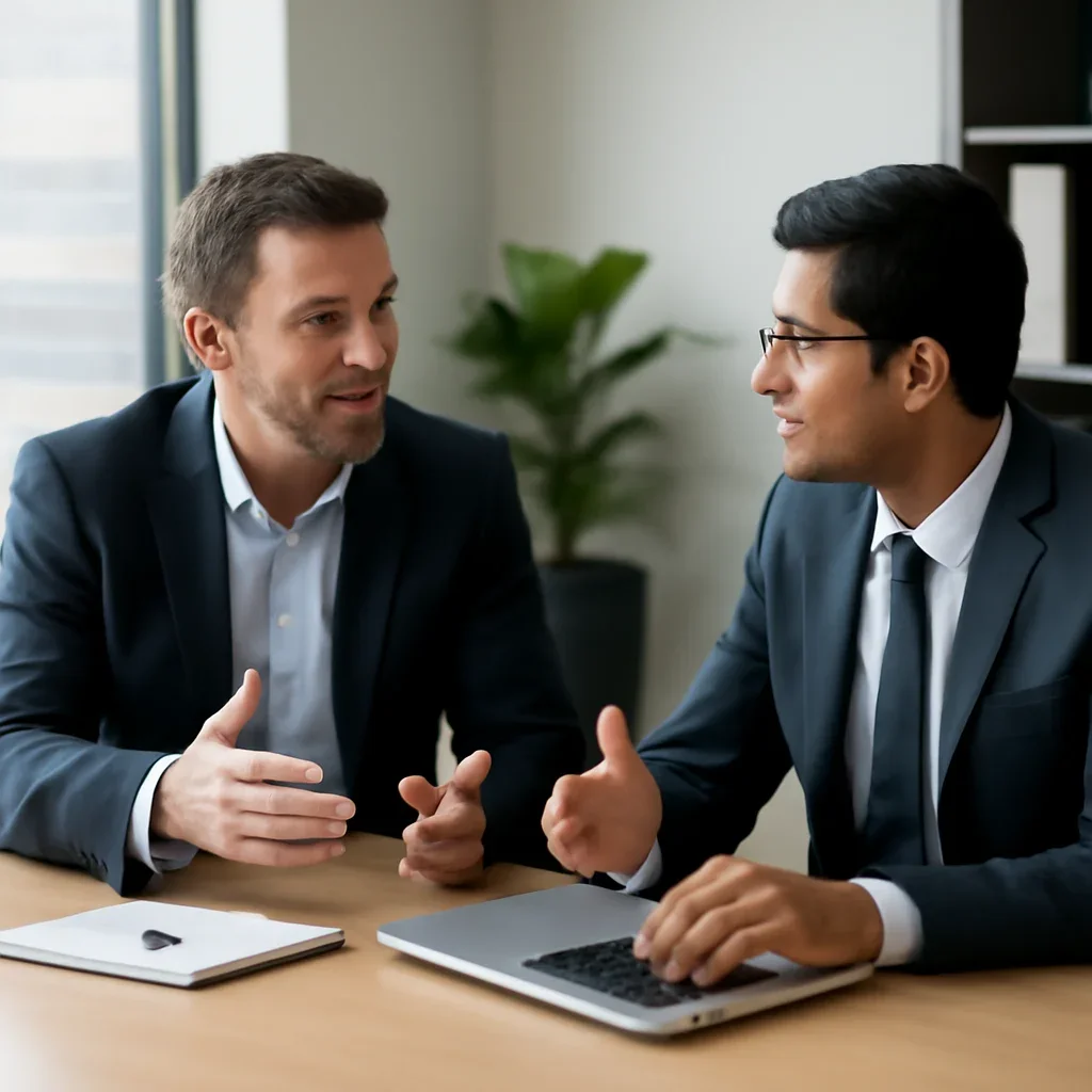 Business owner discussing Law Firms Digital Marketing growth goals with a consultant