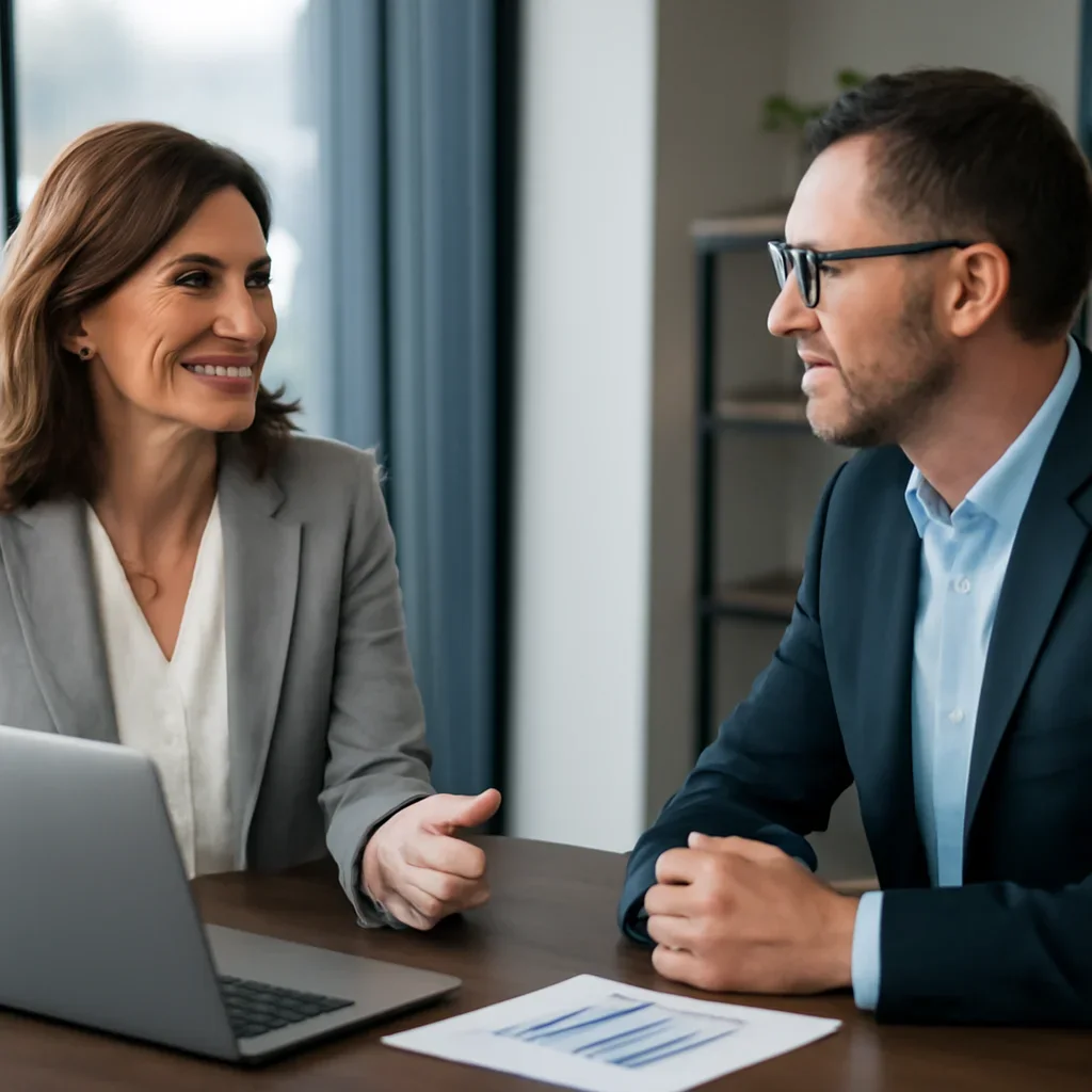 Business owner discussing Manufacturing Marketing Solutions growth goals with a consultant