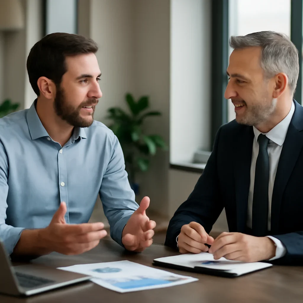 Business owner discussing Manufacturing SEO growth goals with a consultant