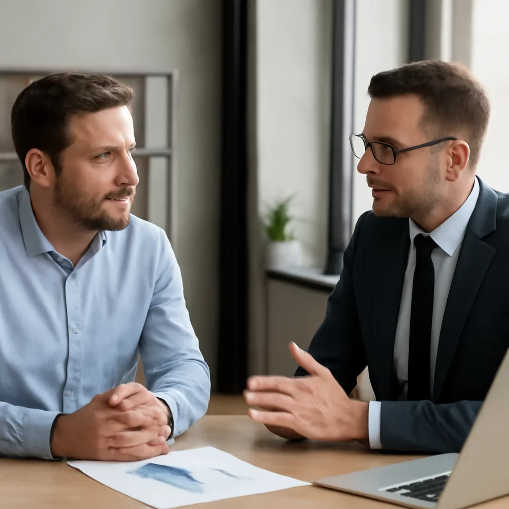 Business owner discussing Manufacturing Web Design growth goals with a consultant