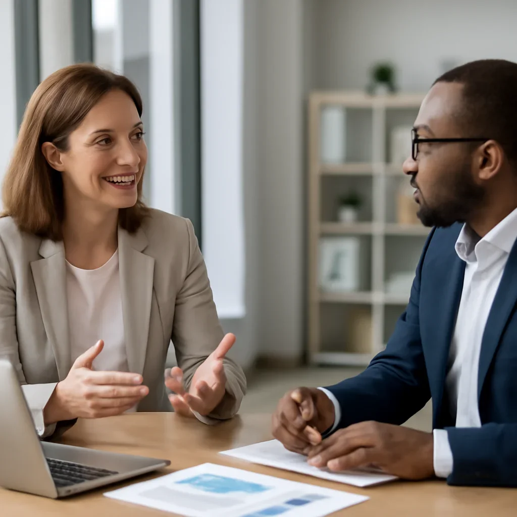 Business owner discussing Nonprofits Marketing Solutions growth goals with a consultant