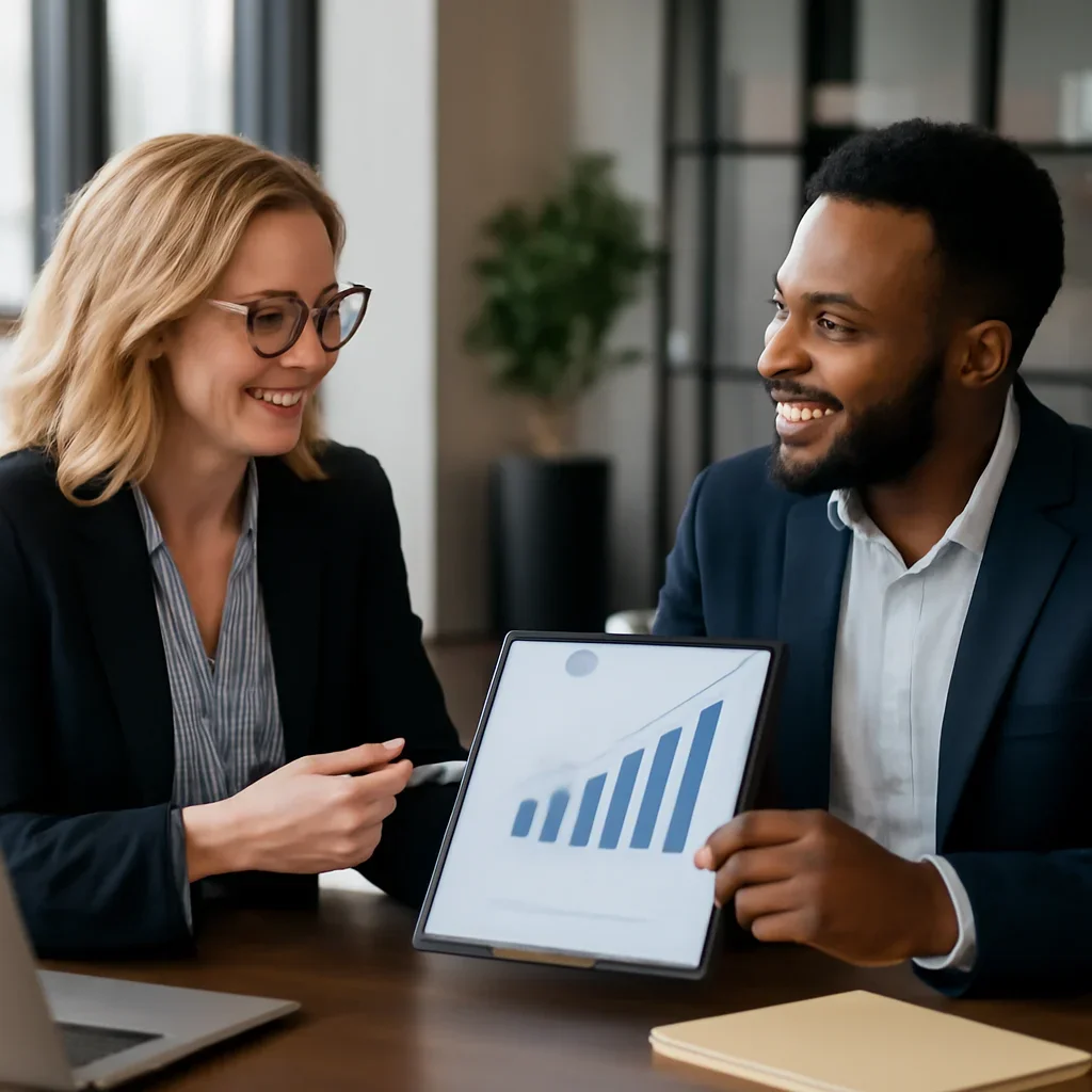 Business owner discussing Real Estate Branding growth goals with a consultant