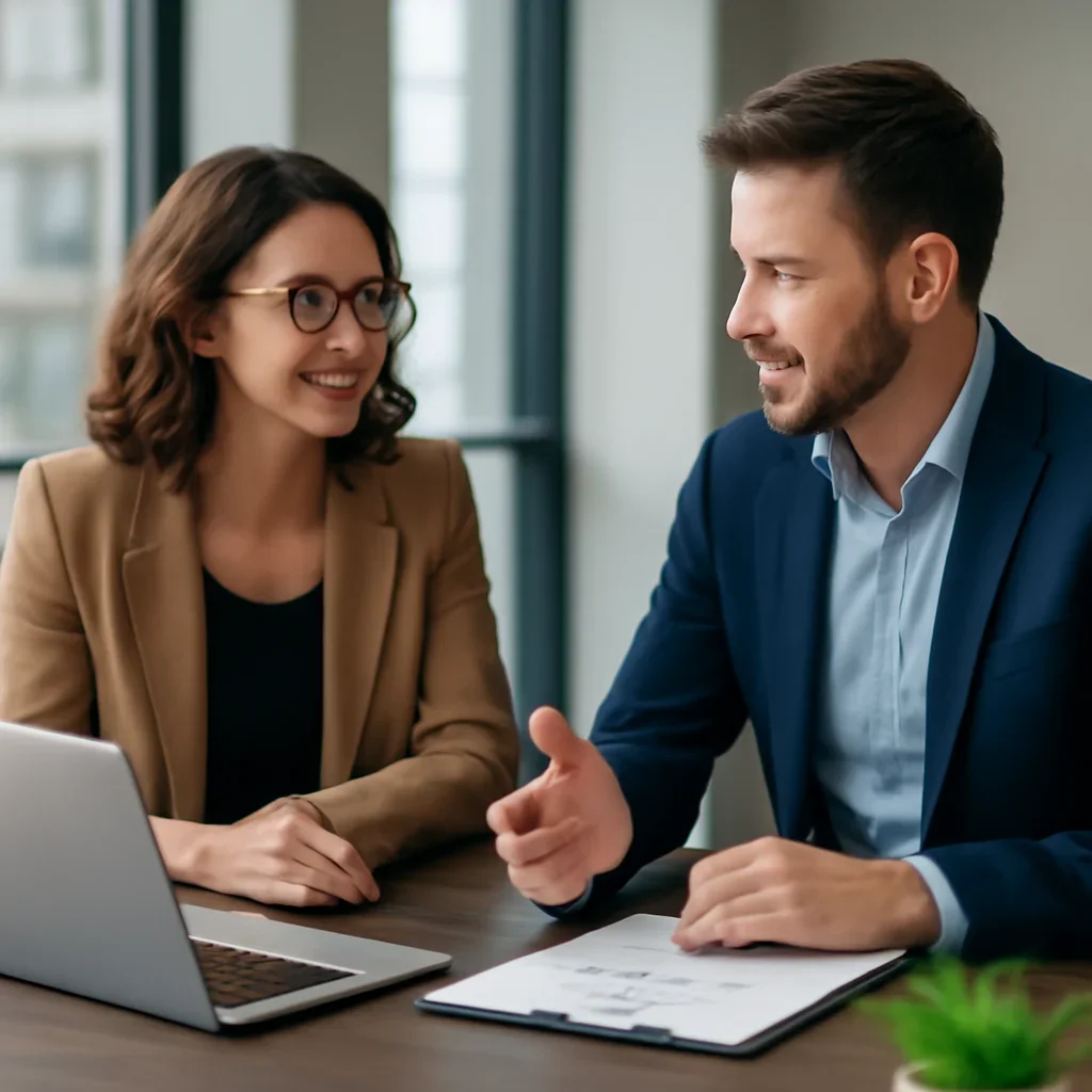 Business owner discussing Real Estate Digital Marketing growth goals with a consultant