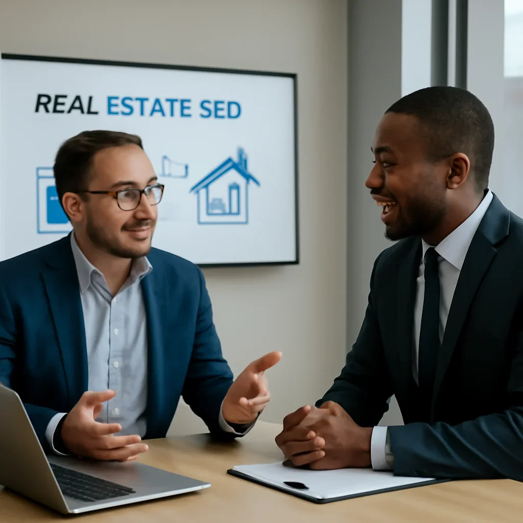 Business owner discussing Real Estate SEO growth goals with a consultant