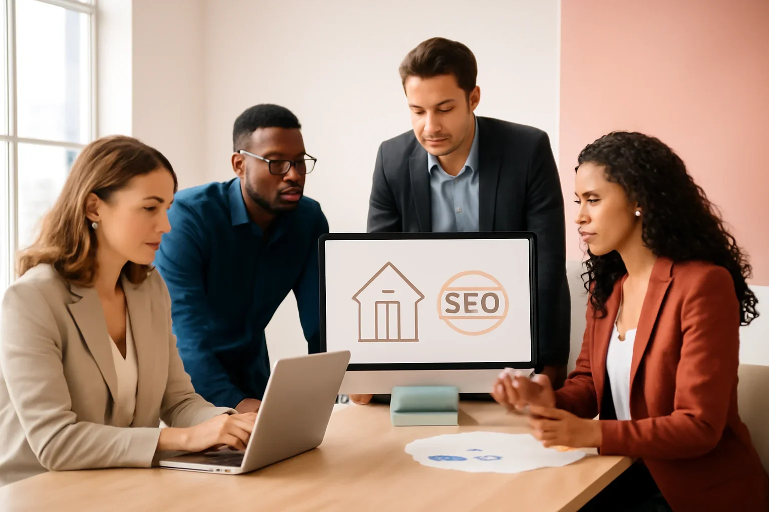 Real Estate SEO strategy meeting with a modern digital marketing team