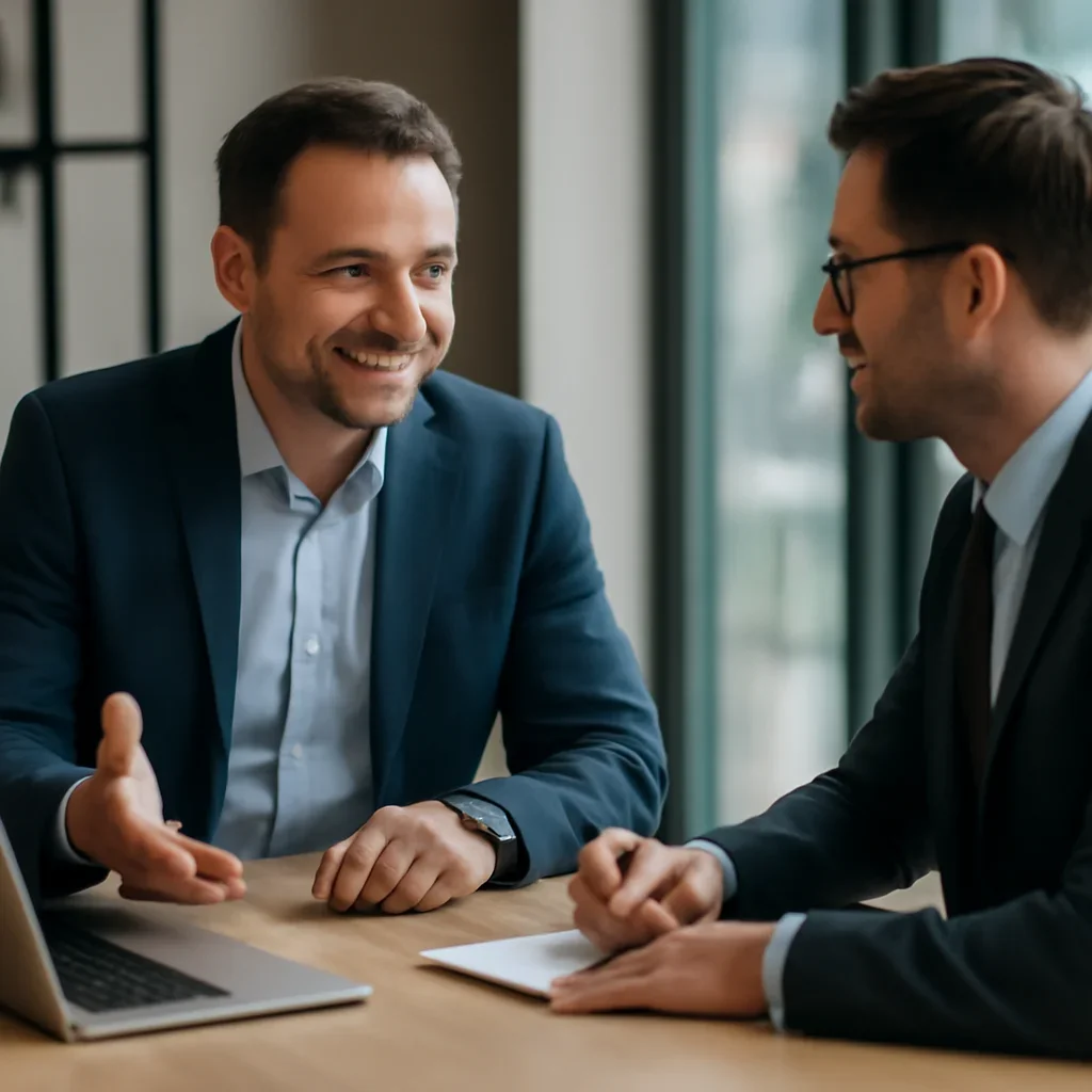 Business owner discussing Real Estate Web Design growth goals with a consultant