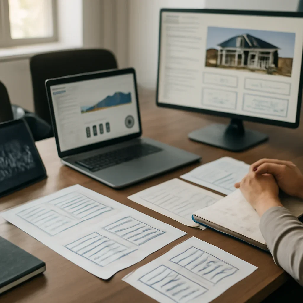 Real Estate Web Design planning materials and performance review workspace