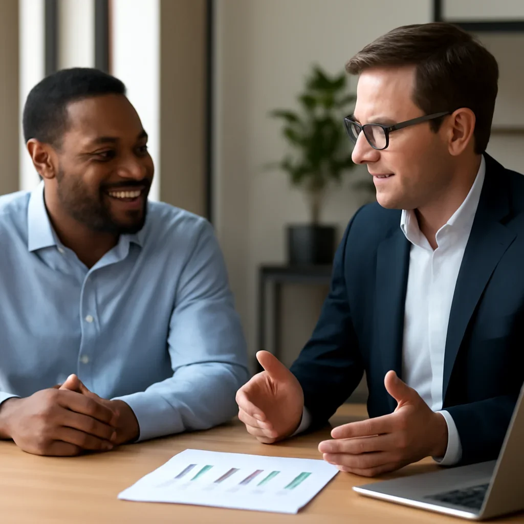 Business owner discussing SaaS Branding growth goals with a consultant