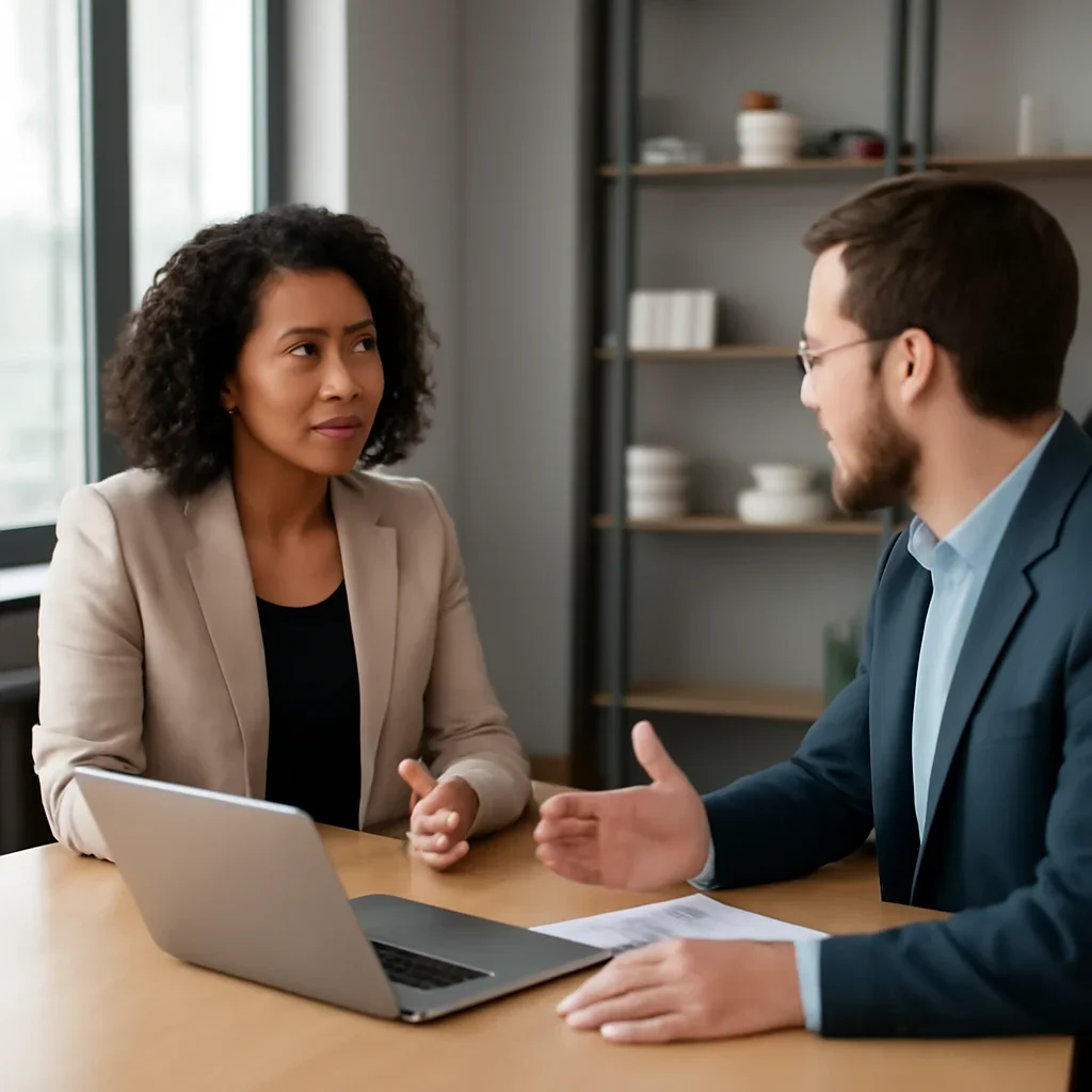 Business owner discussing marketing integrations overview growth goals with a consultant