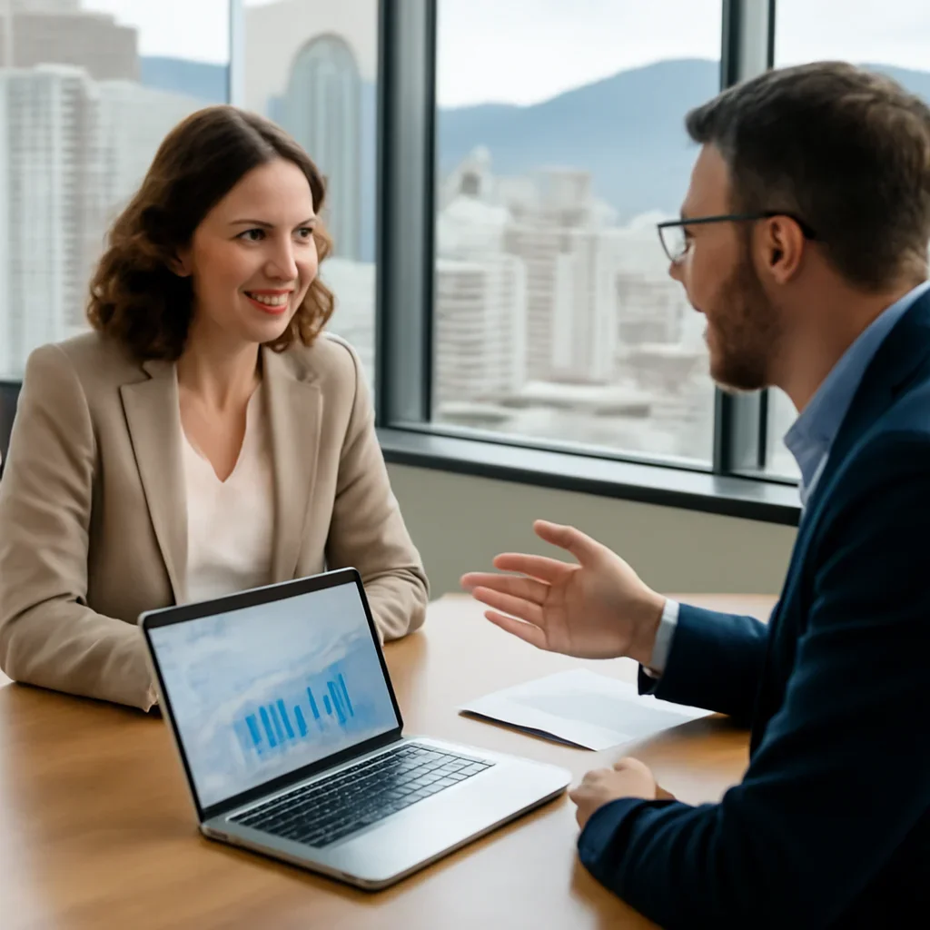 Business owner discussing SEO in Vancouver, BC growth goals with a consultant
