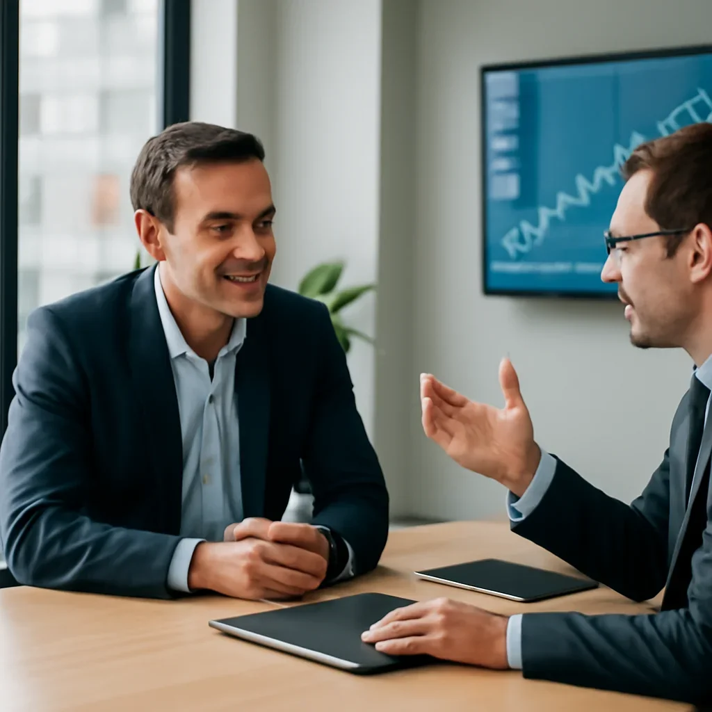 Business owner discussing Global Markets growth goals with a consultant
