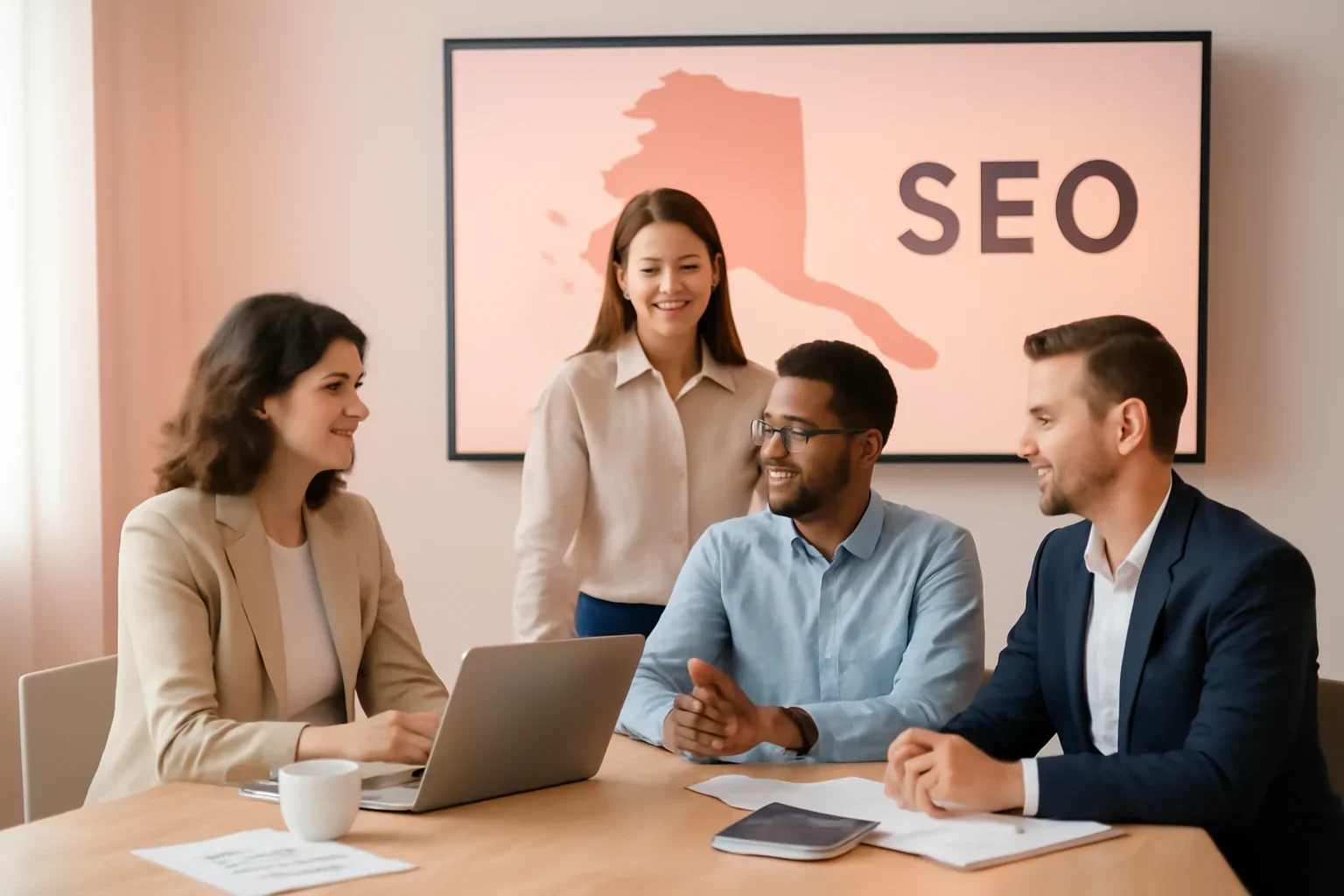 SEO in Alaska strategy meeting with a modern digital marketing team