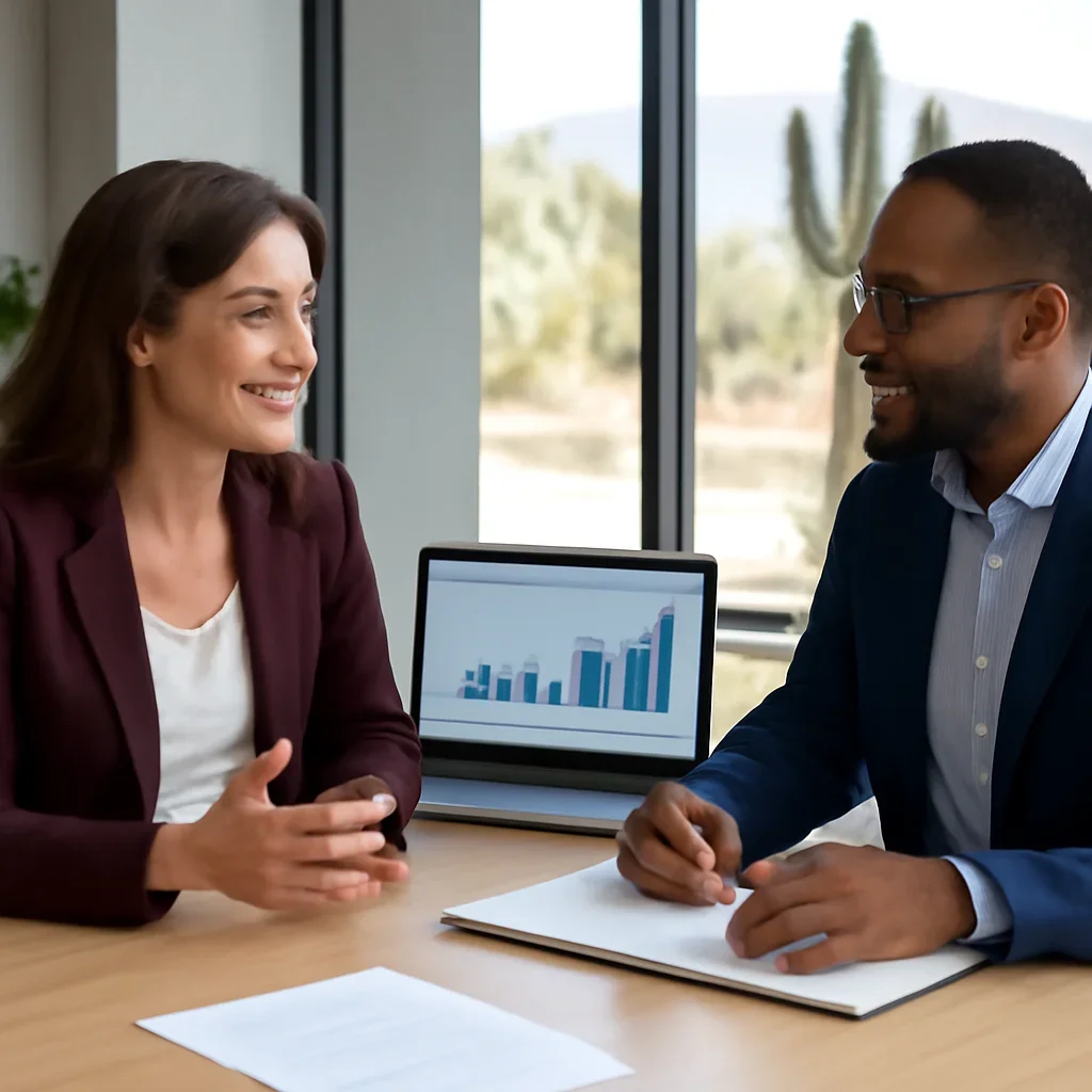 Business owner discussing SEO in Arizona growth goals with a consultant