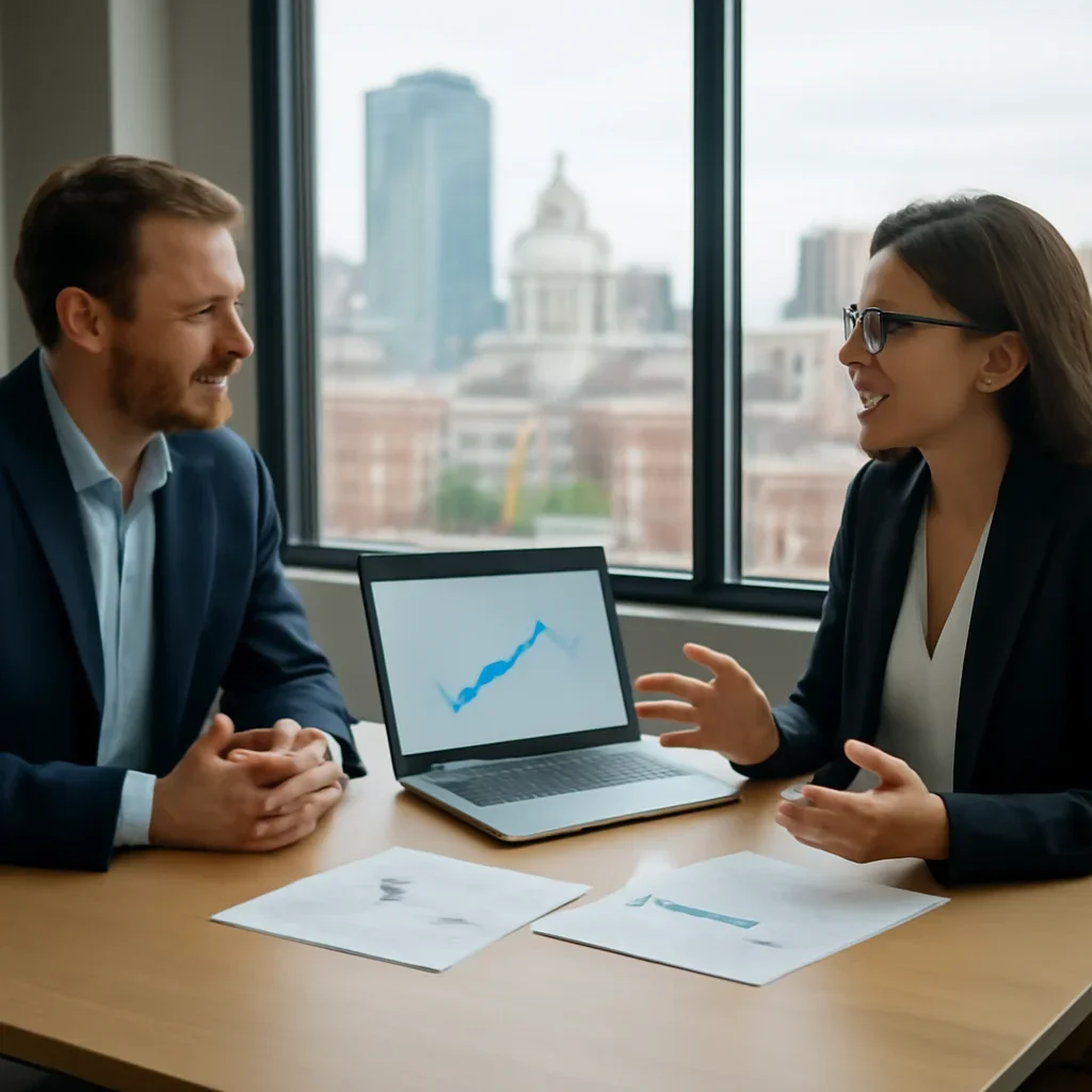 Business owner discussing Digital Marketing in Baltimore, MD growth goals with a consultant
