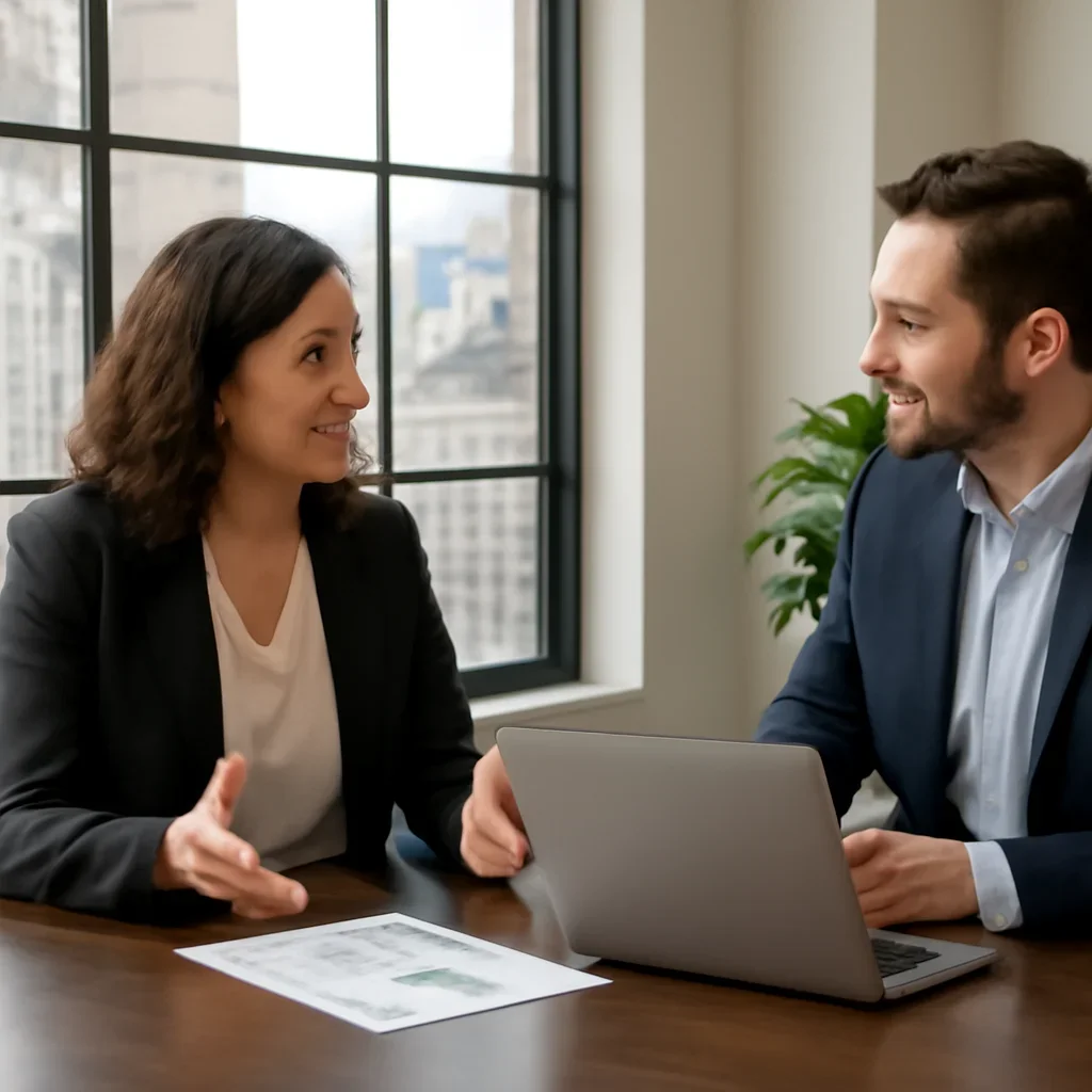 Business owner discussing SEO in Boston, MA growth goals with a consultant