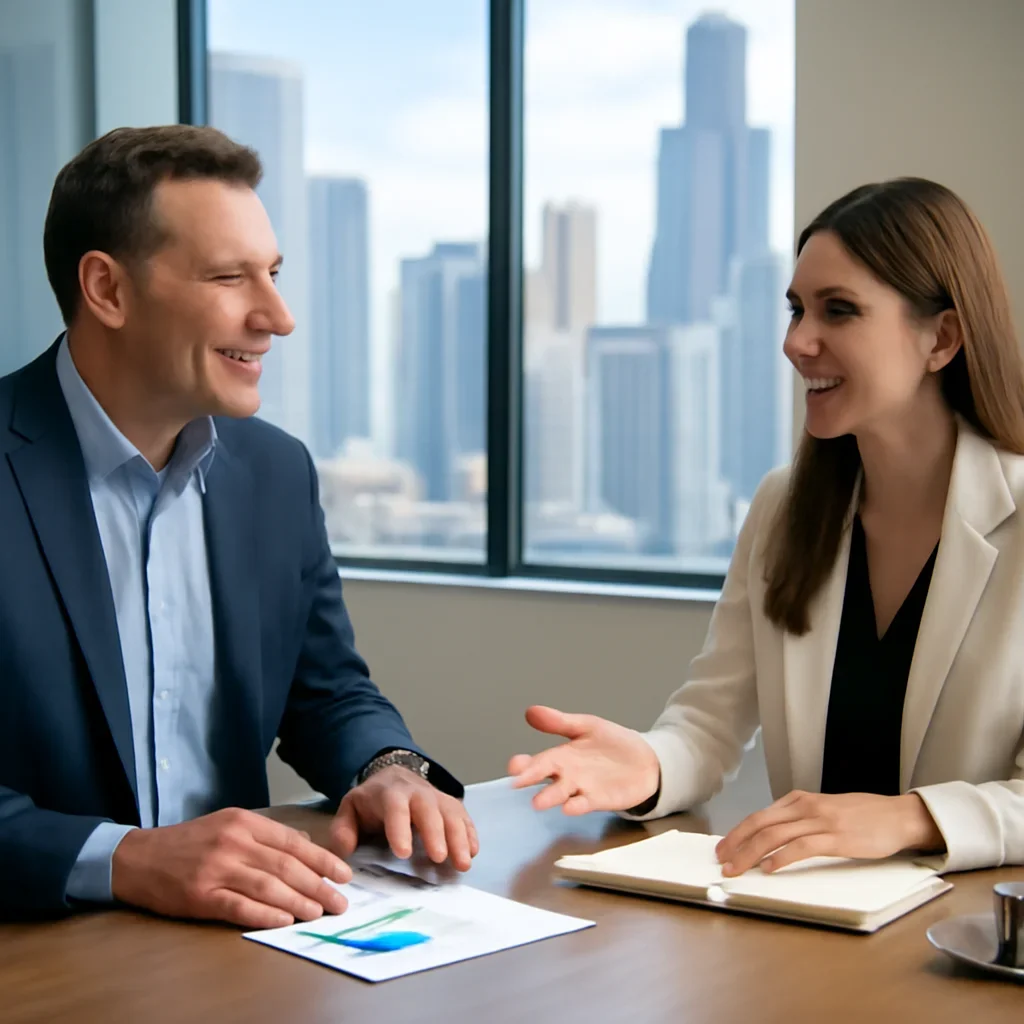 Business owner discussing Branding in Chicago, IL growth goals with a consultant